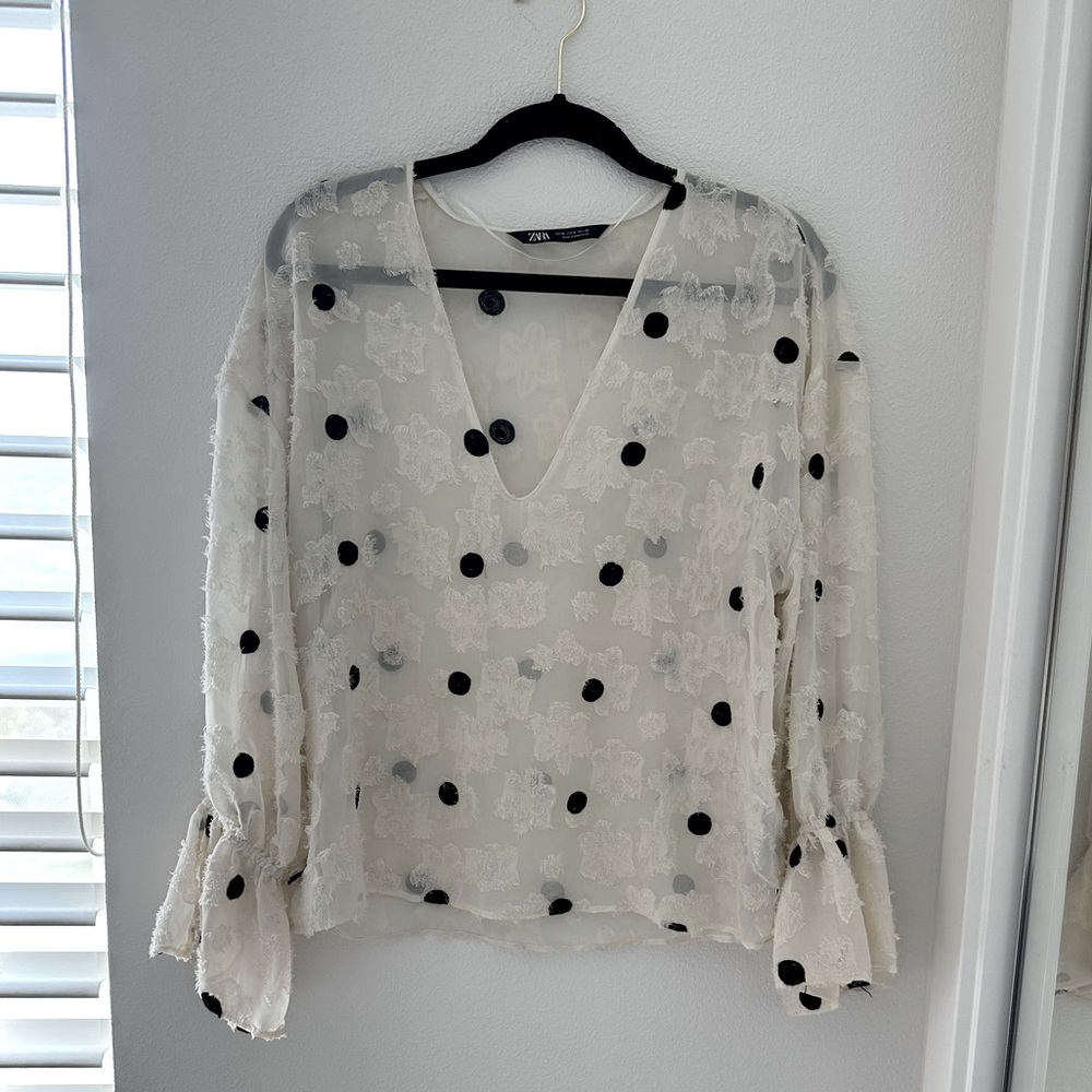 Zara Sheer Blouse with floral details and flutter sleeve